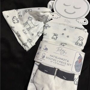 White and Gray Hat, Blanket & Booties 3 Piece Set